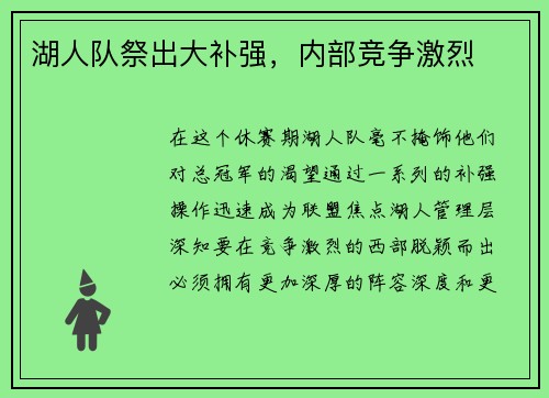 湖人队祭出大补强，内部竞争激烈